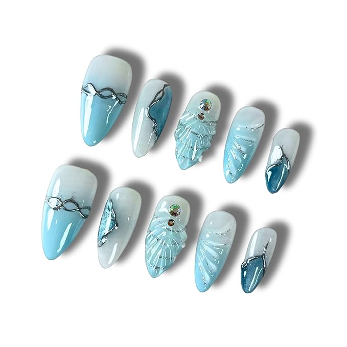 Press On Nails Almond-Seashell 3D Handmade Nails Medium, Acrylic False Nails-Reusable Nature Stick On Nail,10pcs Lasting Salon Design Blue French Tip Fake Nail for Woman Girls Gift(036L)