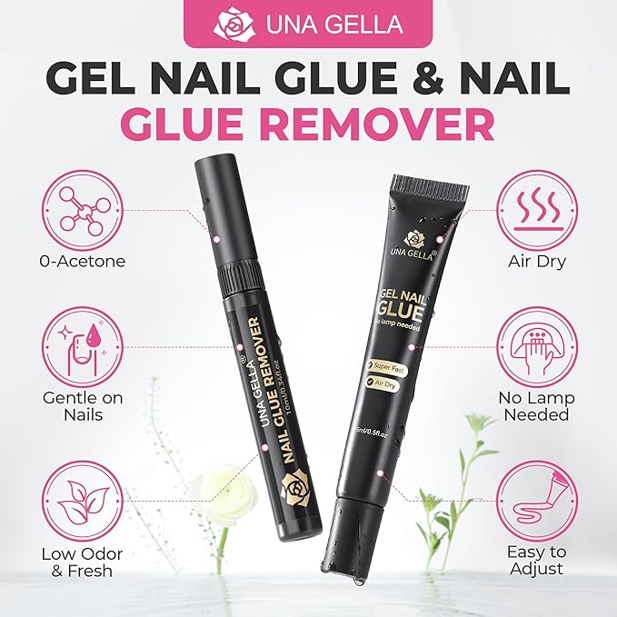 UNA GELLA 15ml Quick Drying Semi Solid Nail Glue Gel with 10ml Remover for Press On Nails Tips No Lamp Needed Strong Nail Gel Glue with 2 in 1 Acrylic Nails Remover Long Lasting Fake Nails Kit
