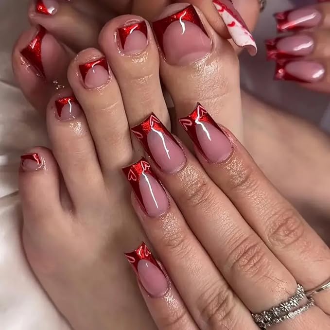 48Pcs Medium Square Press on Nails Short Square Press on Toenails Red French Tips Stick on Nails with Heart Design Chrome Glossy Full Cover Fake Nails Cute Summer False Toenails Kit for Women Manicure