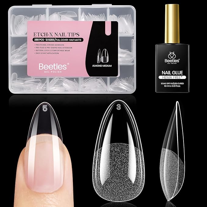 Beetles Gel Nail Kit Etch-X, Almond Medium, 288pcs 12 Sizes Nail tips, with 10ml Hema-Free Nail Glue Gel, for Acrylic and Clear Press On Nail, Pre-Etched Half Matte Extension Set for Home DIY