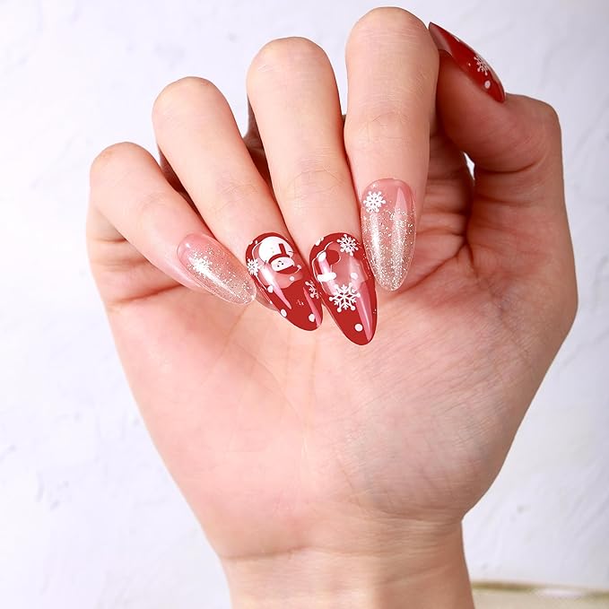 20pcs Christmas Semi Cured Gel Nail Strips - Salon-Grade DIY Wraps with Glaze Texture, Easy Application, UV Light Required for Festive Nails(Red Gold Christmas Snowman Glitter Nails)