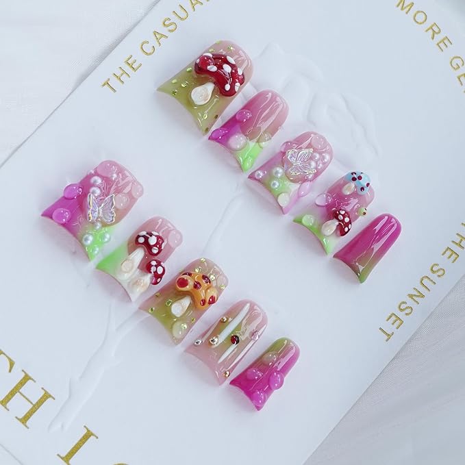 10pcs Handmade Press on Nails Medium Duck Curve Shape – 3D Floral Mushroom Jelly Shell Bow Cherry Chrome Bling Thick Reusable Fake Nails,Boho Y2K Aesthetic Accessories (mushroom, L)