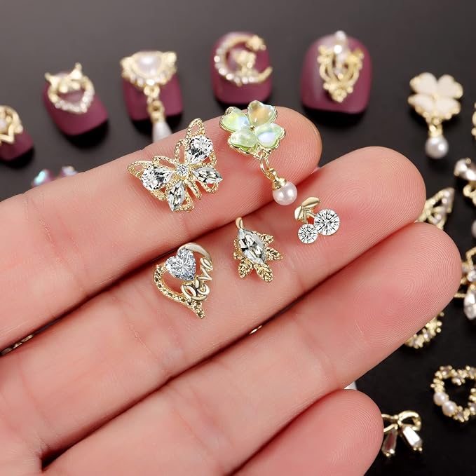 1 Pack of 50pcs 3D Nail Charms for Acrylic Nails with Art Nail Gems and Rhinestones (#1-Gold Tone)