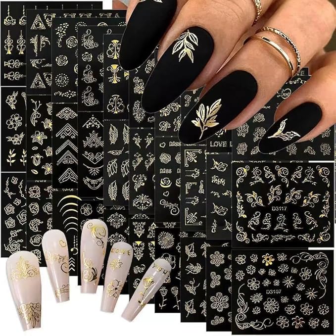 90 Sheets Flower Nail Stickers 3D Self-Adhesive Gold White Black Nail Decals Lace Retro Floral Leaf Nail Art Designs for Women and Girls Nail Art Decoration Accessories with Nail Tweezer
