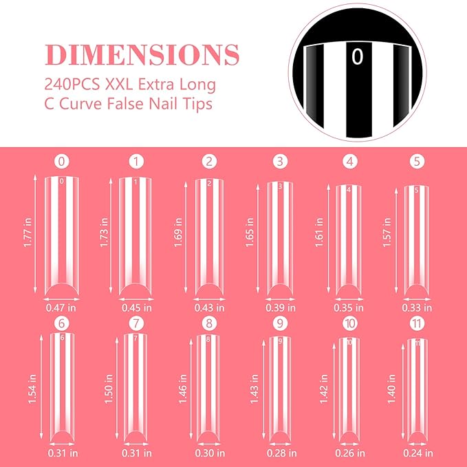Clear Square 240PCS XXL Extra Long C Curve False Nail Tips for Acrylic Nails Professional, Half Cover Straight Nail Tips, Artificial Nails Extension Fake Nail Tips 12 Sizes