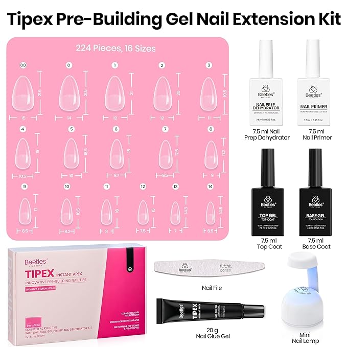 Beetles Tipex Instant Apex Nail Tips Kit – Almond Short, Pre-Etched, Thick Full Cover Acrylic Tips with Tipex UV Gel Glue, Dehydrator, Primer, Base & Top Coat, Mini UV Lamp, 224PCS in 16 Sizes