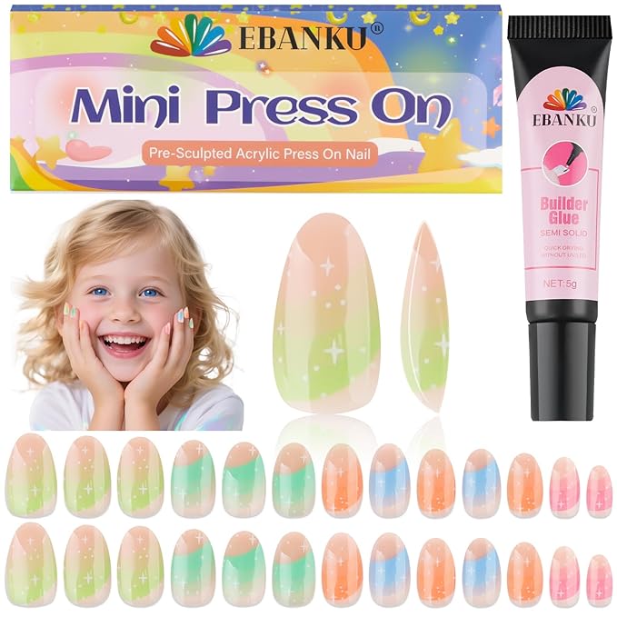 EBANKU 1 Pack Kid Fake Nail Kit, 26 Pieces Press on Nails for Kids Garish Press on Nail Short Artificial False Nail Kits for Girls with Nail Glue