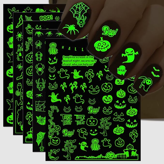 Halloween Glow in The Dark Nail Stickers, 3D Luminous Ghost Nail Art Decals, Self-Adhesive Pumpkin Spider-Web Bat Design for DIY Supplies Decoration (10 Sheets)