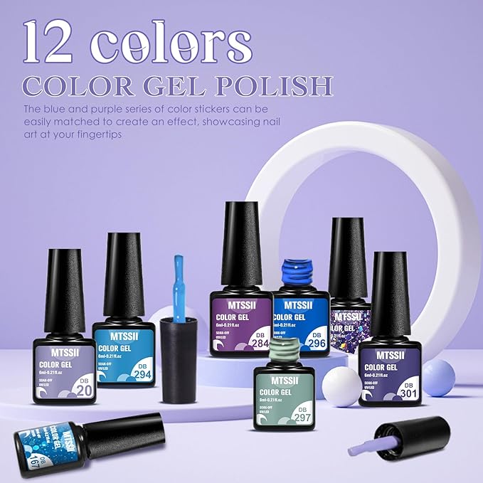 MTSSII Gel Nail Polish Set 12 Colors Blue Purple Gel Polish Kit Baby Blue Lavender Dark Purple Glitter Gel Nail Polish Aquamarine Mermaid Soak off Uv LED Gel Manicure DIY Nail Home