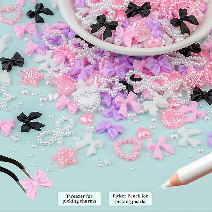 600 Pcs 3D Nail Charms and Flatback Pearls #6, 4 Colors Bow + Pink&White Star Heart Moon Cute Charms + 2-6mm White Pearls for Nail Art Design with Nail Charm Glue(UV Needed) and Pickup Tools