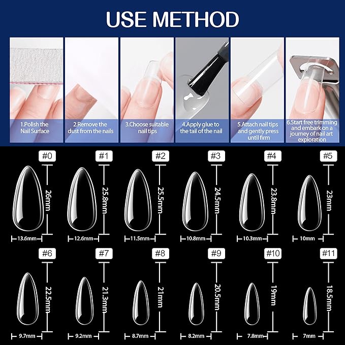 UNA GELLA Almond Fake Gel Nail Tips, 216pcs Medium Almond Pre Shaped Nails Tips for Long-Lasting Acrylic Nails, Perfect for DIY At Home French Style Nail Salon 12 Sizes