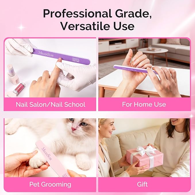 MelodySusie Nail File Kit, 4Pcs Double Sided 100/180 Grit Mixed-Shape Emery Boards For Nails, Professional Nail Art Manicure Pedicure Supplies for Home and Salon Use, Pink & Purple