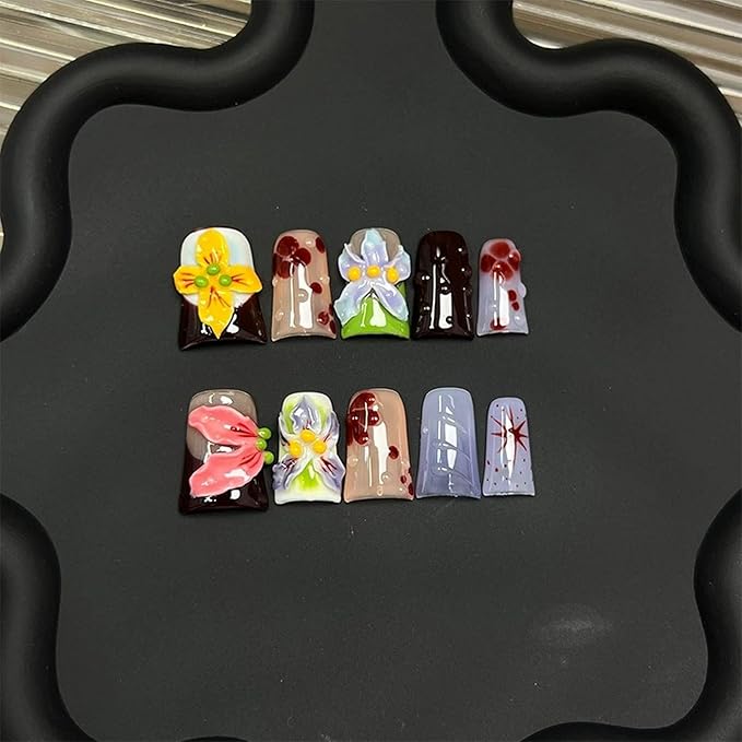 10pcs Handmade Press on Nails for Women - Medium Duck Curve 3D Thick Acrylic Fake Nails Reusable,Designer Floral Butterfly Rhinestones Bling Boho Funky Y2k Nail-art Set,L,colorful