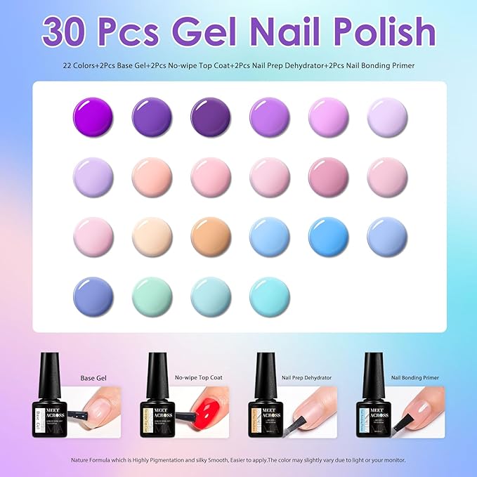 MEET ACROSS 30Pcs Nude Gel Polish 22 Colors Gel Nail Polish Set Pink Purple Sky Blue Bright Series Soak Off UV/LED Manicure Kit for Women