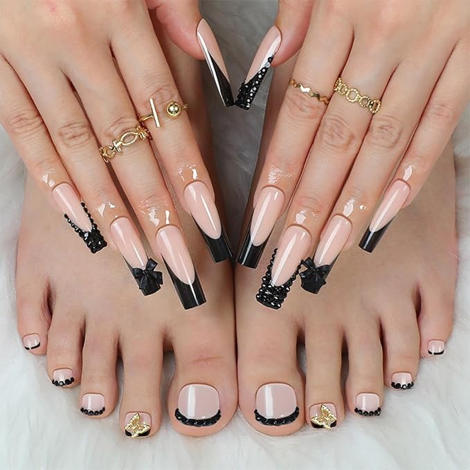 48Pcs Black French Tips Press on Nails Rhinestone Press on Toenails Long Square Fake Nails with Black Bow Charm Design 3D Butterfly False Toenails Glossy Summer False Nails for Women DIY Manicure