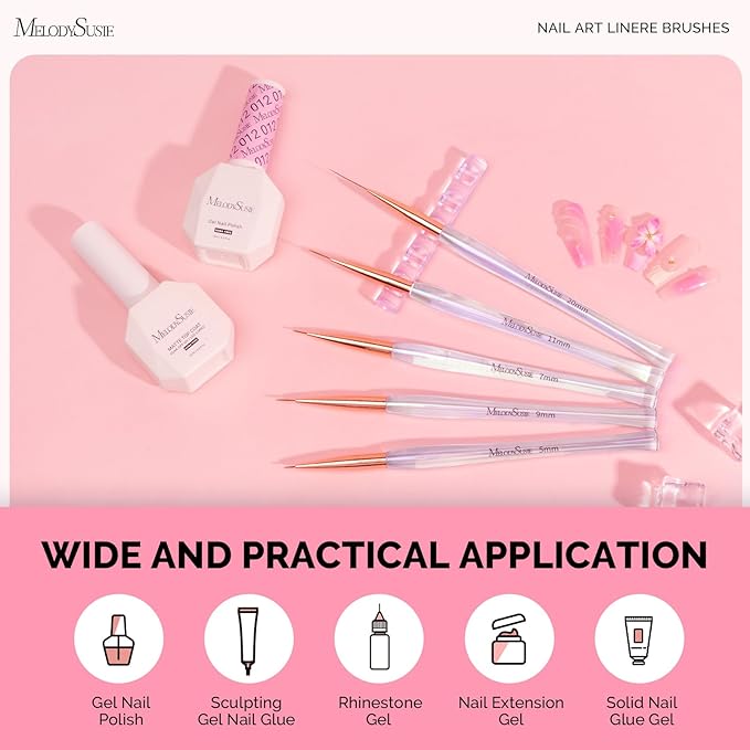 MelodySusie 5Pcs Nail Art Liner Brushes with Nail Brush Holder, Professional Gel Polish Painting Art Design Pen for Thin Long Lines, Tiny Details, Fine Drawing, Delicate Coloring Sizes 5/7/9/11/20mm