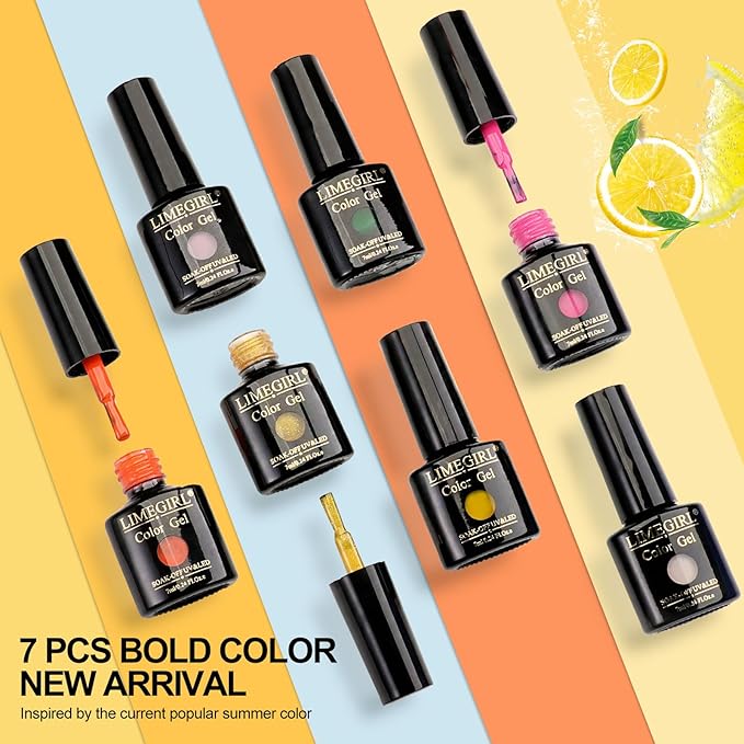 LimeGirl Gel Nail Polish Kit with U V Light, 23PCS Starter Kit with 7 Colors, Hot Pink/Orange/Yellow Green/Skin Tones,Dark-skinned Collection, Salon-Grade Gel Polish Set Nail Lamp Gift for Women