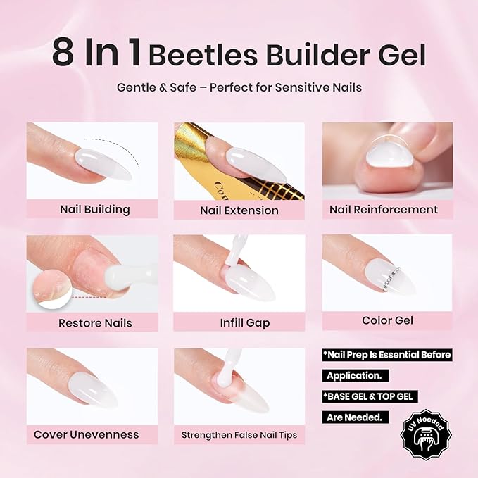 Beetles Builder Gel for Nails HEMA-Free,0.5 oz 8 in 1 White Glitter Builder Nail Gel for Thickening Apex Building Strengthener Extension LED/UV Lamp Galaxy Whispers Color DIY Salon for Begginer