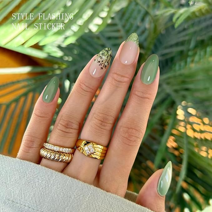 JMEOWIO Gel Nail Stickers Green French Tip Flower Semi Cured Gel Nail Strips Wraps UV/LED Nails Art Design Decoration Accessories