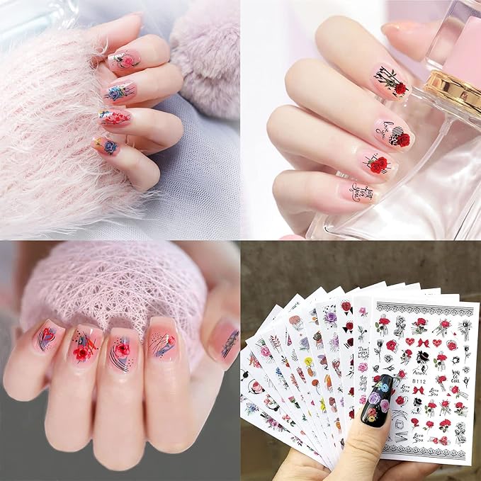 12 Sheets Rose Flower Nail Art Stickers Decals 3D Colorful Floral Self-Adhesive Graffiti Abstract Rose Love Heart Leaf Curve Line Design Supplies for Women Girls DIY Acrylic Nails Art Decoration