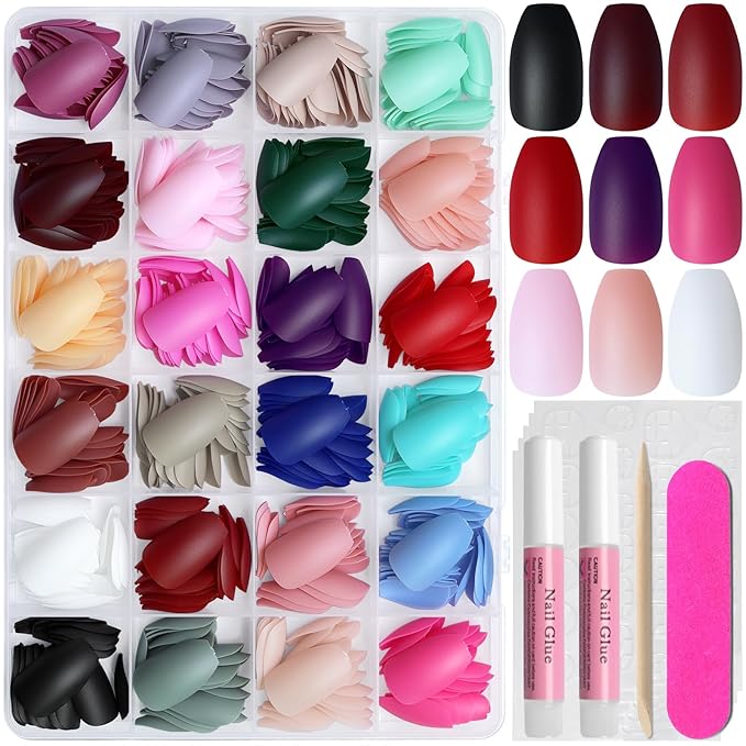 AddFavor Press on Nails Medium Coffin Fake Nails, 576pcs 24 Colors Coffin Press on Nails Full Cover Acrylic Nail Press ons, Matte False Nail Tips for Women Glue on Nail