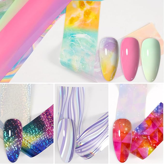 JERCLITY 300 Sheets Nail Foil Transfer Stickers Set Nail Foils Transfer Nail Art Marbling Starry Sky Leopard Print Aurora Iridescence Gradient Design for Women Girls Decoration