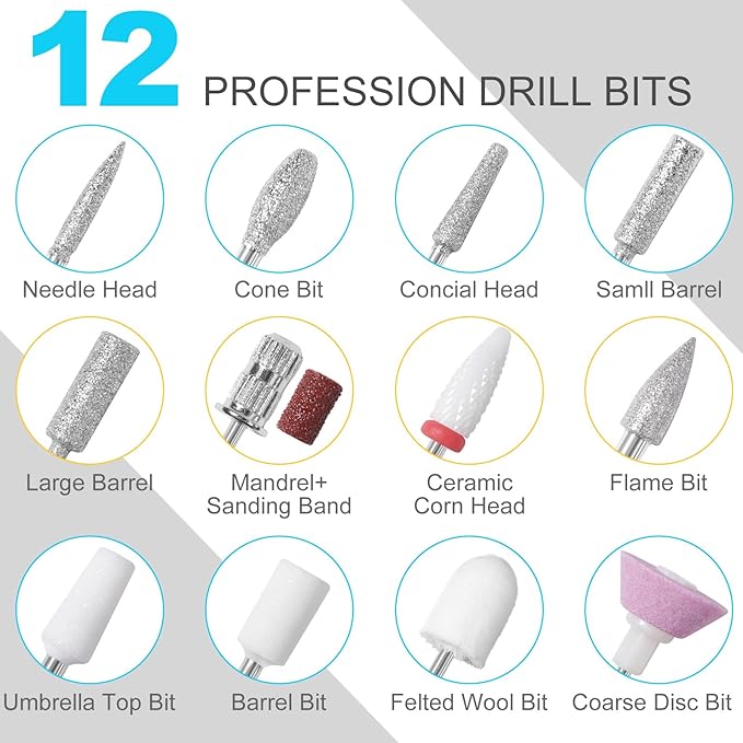MEKK Nail Drill Kit,35000RPM Electric Nail Drill Professional Electric Nail File with 12PCS Bits,Anti-Shaking Cordless E Filer for Nails,Home & Salon(White)