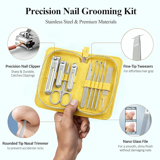9-in-1 Manicure and Pedicure Kit for Men & Women, Travel Nail Clipper Set with Stainless Steel Tools & Glass Nail File, Portable Grooming Kit in PU Leather Case, Personal Care Gift