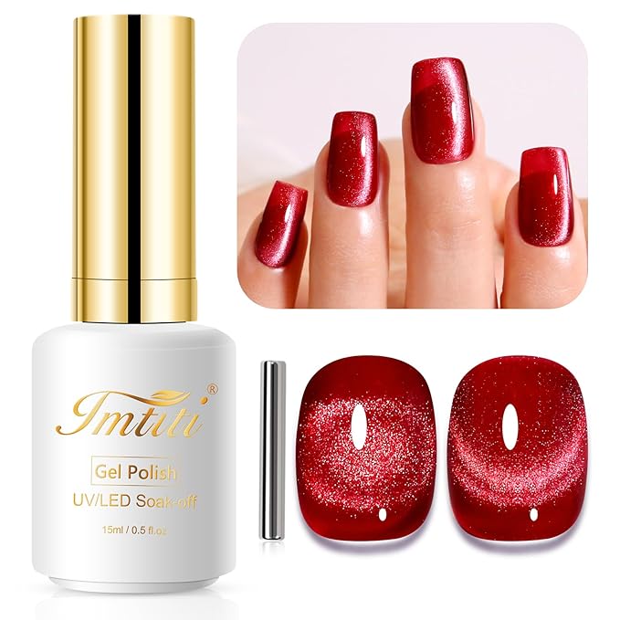 Imtiti Cat Eye Gel Nail Polish, 15ml Blood Red Crystal Glitter Cat Eye Magnetic Gel Nail Polish With Magnet, Holographic Galaxy Sparkly Soak Off UV Led Manicure Nail Salon Kit