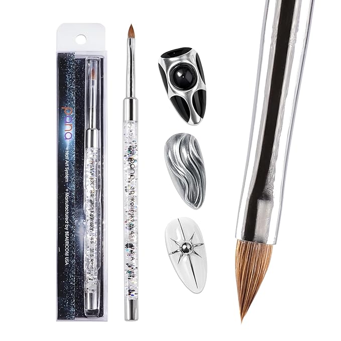 PANA 3D Kolinsky Nail Art Brush - Silver Glitter Handle, Size 4 - Acrylic Nail Art Sculpture Brush for Manicures Pedicure Salon Professional or Beginner