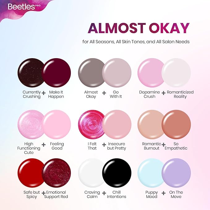 Beetles PRO Gel Polish Kit – Almost Okay Collection, 18 Colors 15ml Valentines Salon Polish Set with Base Coat, Glossy & Matte Top Coats, 6 Painting Gel For Nails Tools, UV Nail Lamp Cure Needed