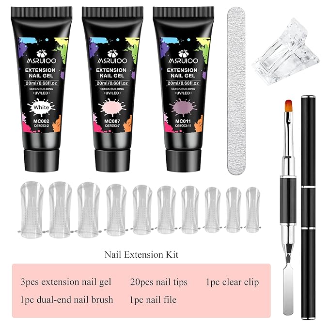 Poly Nail Gel Starter Kit, 7 Pcs White Pink Purple Builder Gel Extension Kit for Beginners Poly Extension Enhancement Builder Nail Manicure Salon French Art DIY