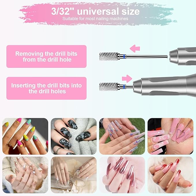 6Pcs Nail Drill Bits Set Professional, 3/32'' Electric Nail Drill Bits for Acrylic Gel Nails, Cuticle Nail Drill Bit Quick Gel Polish Remover Manicure Pedicure Tools with Cleaning Brush (Blue)