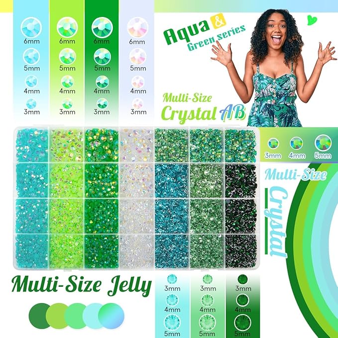 28 Types Green Jelly Resin Rhinestones w B7000 Jewelry Glue for Bedazzling Crafting 3mm-6mm Flatback Colorful Light Green Dark Green AB Stones Gems Diamonds for Nail Face Makeup Crafts Tumblers
