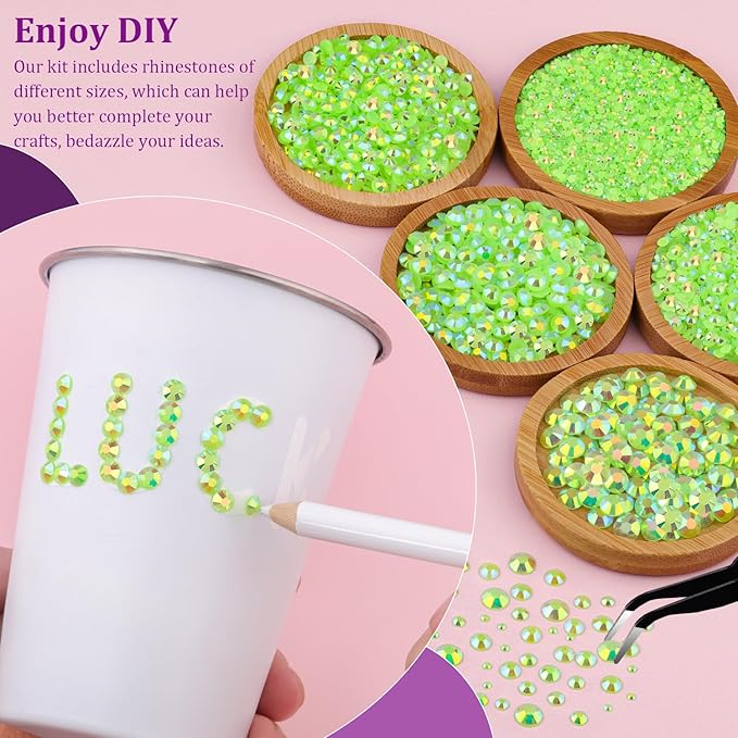 Resin Jelly Rhinestones for Crafting with B7000 Jewelry Glue, 1 Box Fluorescent Green AB Flatback Crystal with 3Pcs 10ml Glue, Bedazzling Non Hotfix Gems for DIY Tumblers Clothing Shoes Manicure