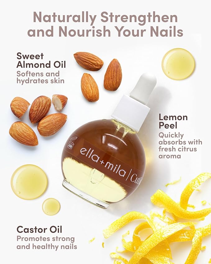 ella+mila Nail Fortifying Cuticle Oil with Sweet Almond & Castor - Moisturizing Formula Promotes Nail Repair & Strength - Vegan - 2.3 fl oz