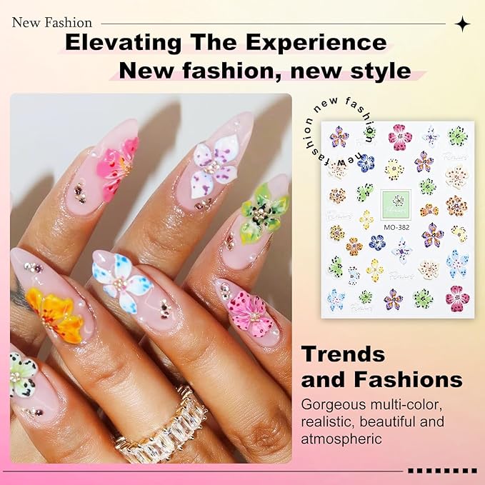 Flower Nail Stickers for Nail Art - 5D Embossed Hibiscus Nail Decals, 3 Sheets Self-Adhesive Pink White Lily Hibiscus Tropical Floral Summer Spring Flower Nail Designs Decor for Women Girls 807-11
