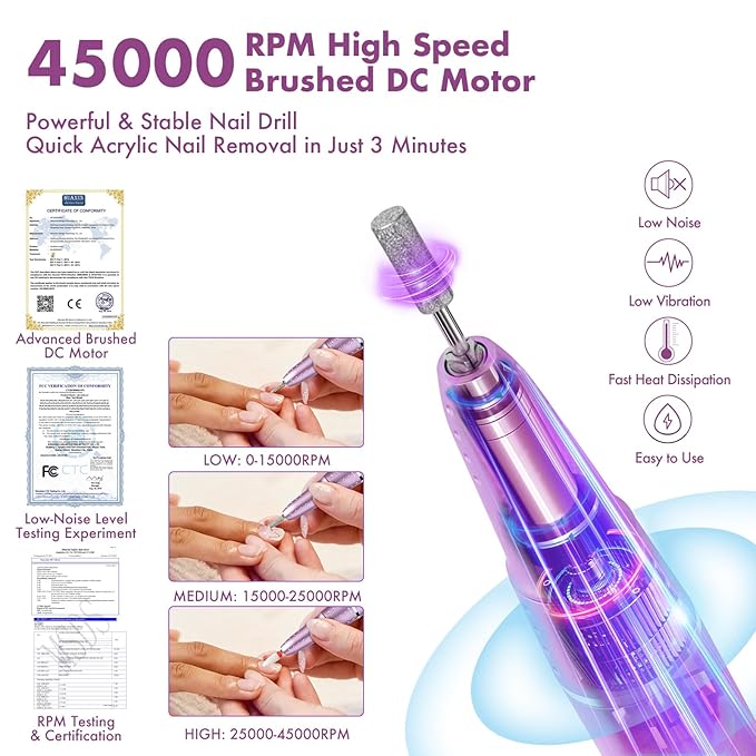 Vrenmol Nail Drill Professional: 45000 RPM Electric Nail File Smart Touchscreen Rechargeable Nail Dr Ill Kit Portable Nail Drill with 12 Drill Bits for Acrylic Nail Gel Polishing Removing Efile Salon