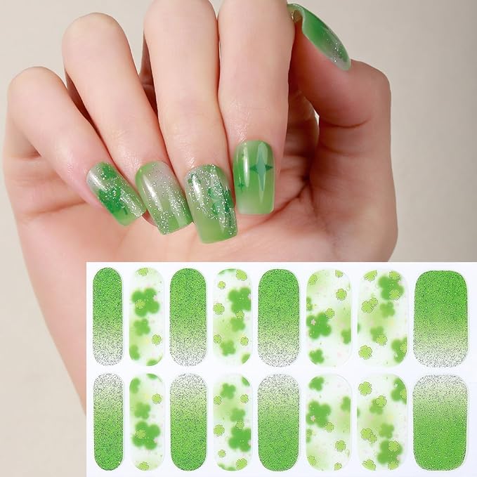 4 Sheets St Patrick’s Day Gel Nail Stickers for Nail Art Green Shamrock Gel Nail Polish Strips Clover with Glitter Design Irish Stickers Full Wrap Gel Nail Strips Sticker for Women Manicure Salon