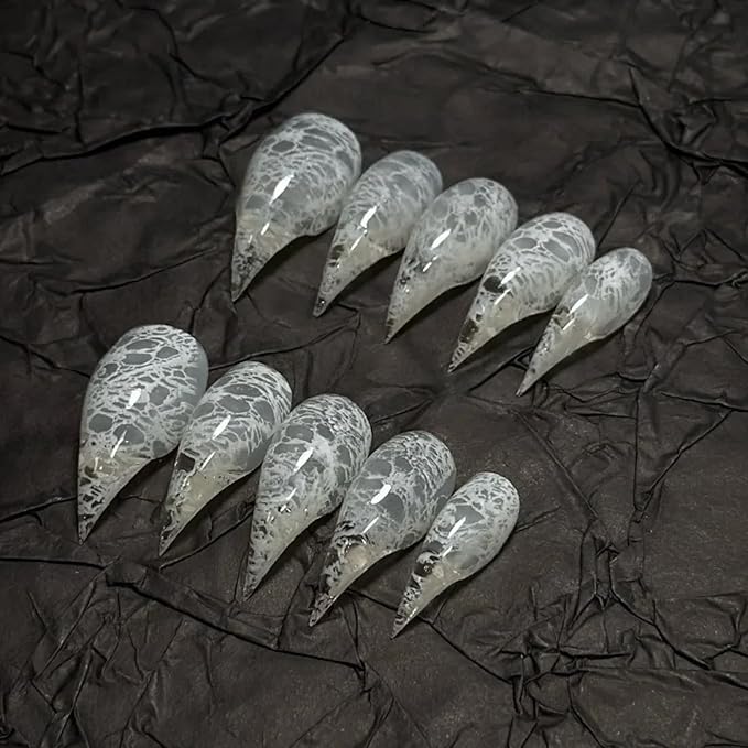 White Ripples Stiletto Press on Nails with Glue Glossy Extra Short False Nails Hand-Painted Designs Handmade Eagle Dragon Cat Claw Unique Reusable Fake Nails