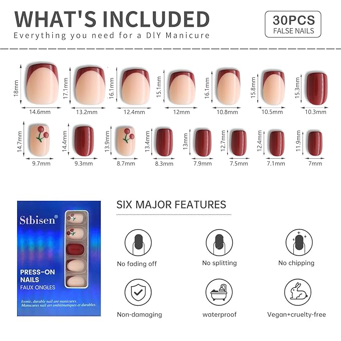 Burgundy French Short Square Press On Nails, Nude Fake Nails with Wine Red French Tips and 3D Cherry Detail, Glossy Gel Finish Acrylic Nails, Fall Reusable Glue On Nails Kit for Women, 30Pcs