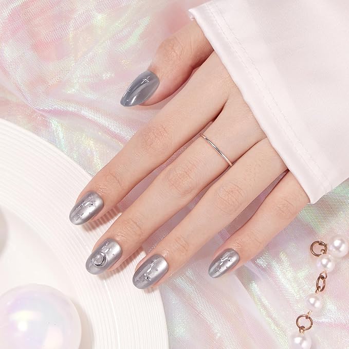 VSALON Press on Nails Short Oval, Silver Gray Cat Eye Star & Moon Chrome Glossy 3D Art Glue On Nails, Opaque Salon Quality Valentine Fake Nails Kit - 32 PCS Nails in 16 Sizes with Glue & Cuticle Oil