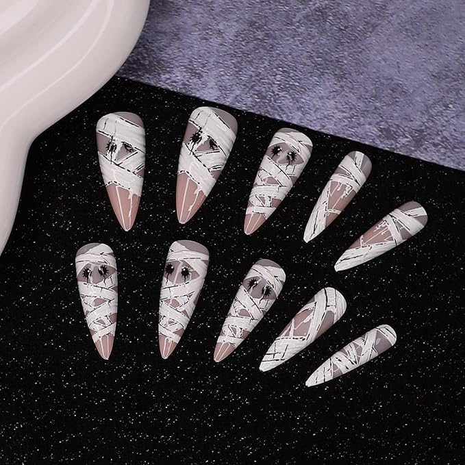 Long Stiletto Press on Nails - Halloween Fake Nails with Cute 3D Mummy Designs | Reusable Stick on Nail,Halloween Nail Art | 12Size - 24Pcs with Jelly Glue