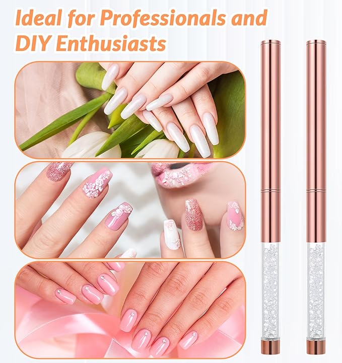 2Pcs Gel Brushes for Nails, Oval UV Builder Gel Brush for Nail Polish Brushes with Rhinestone Handle, Manicure Art Design for Nail Application, Rose Gold
