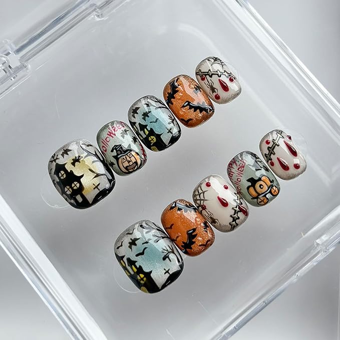 Luxury Halloween Press on Nails Short Square Handmade 3D Unique Reusable ABS Material Fake Nails Cute False Nails with Designs Pumpkin Spider Web Glossy Glue on Nail Thick Acrylic Nail(S)