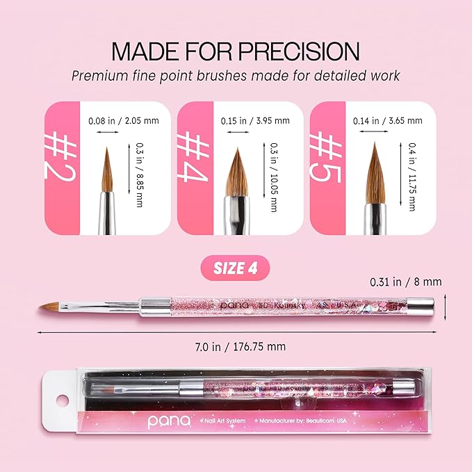 PANA 3D Kolinsky Nail Art Brush - Pink Glitter Handle, Size 4 - Acrylic Nail Art Sculpture Brush for Manicures Pedicure Salon Professional or Beginner