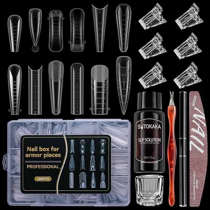 288Pcs Polygel Nail Form Kit 12 Style 12 Sizes Reusable Nail Extension Mold Dual Forms with 6Pcs Nail Clips, Nail Slip Solution, Brush Pen, Nail File & Cuticle Pusher for Beginners