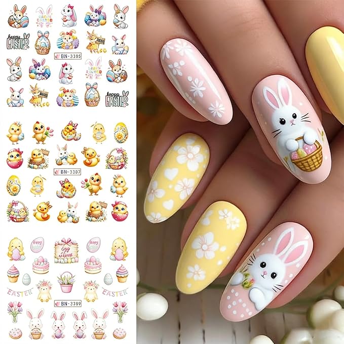 Easter Nail Art Stickers Decals 3D Self-Adhesive Nail Art Accessories Cartoons Bunny Chick Egg Designs Sticker Lovely Easter Rabbit Manicure DIY Nail Decorations 12 Sheets