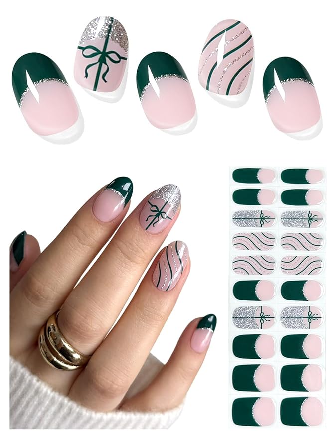Semi Cured Gel Nail Strips (Green French), Christmas Silver Glitter, Bow, 20 Pcs Gel Nail Wraps, Stickers, Salon Quality, Works with Any UV Lamps