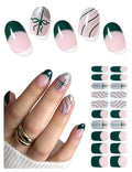Semi Cured Gel Nail Strips (Green French), Christmas Silver Glitter, Bow, 20 Pcs Gel Nail Wraps, Stickers, Salon Quality, Works with Any UV Lamps